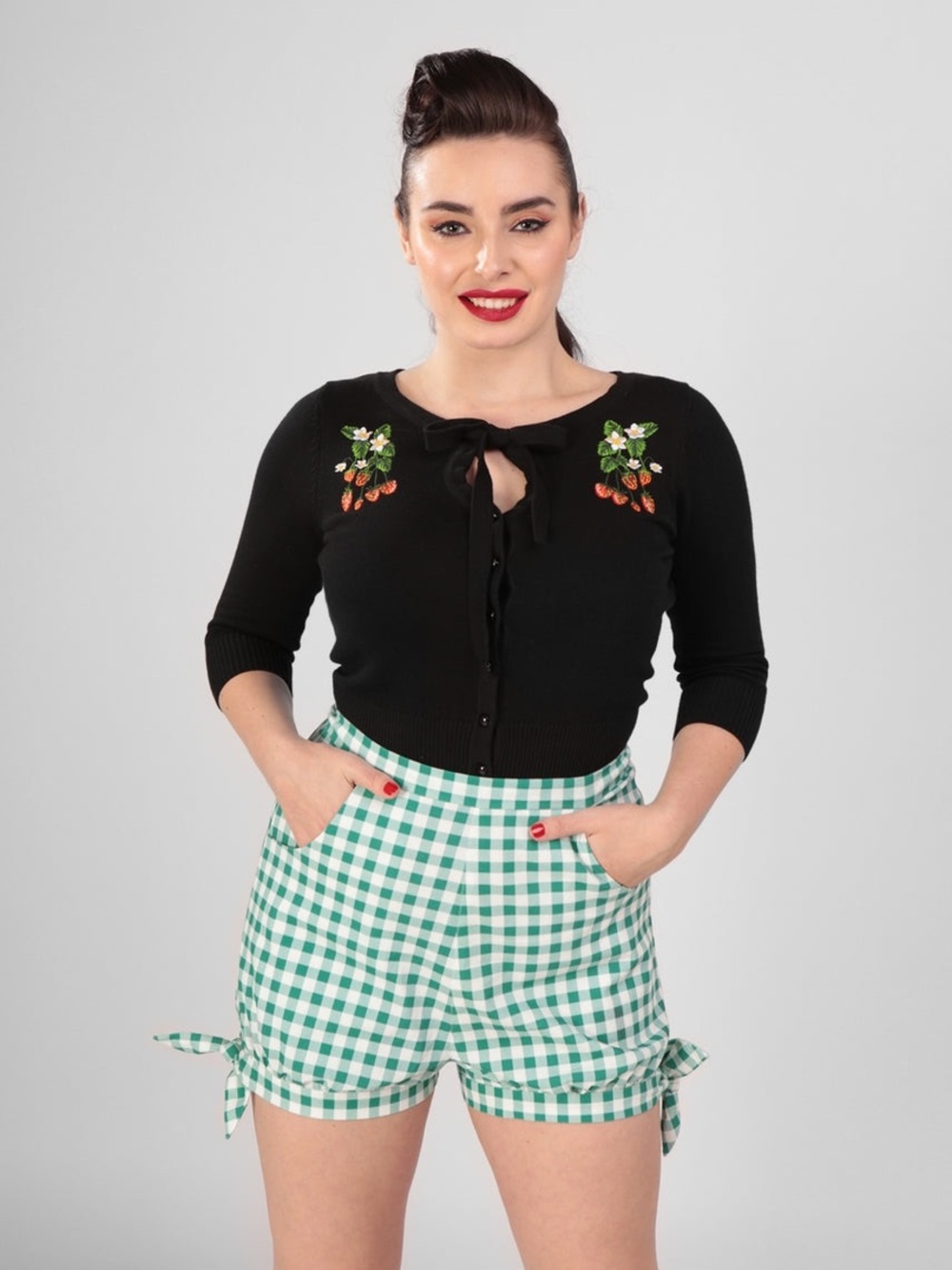 Green Gingham Collectif Green Bow Tie Shorts, Small